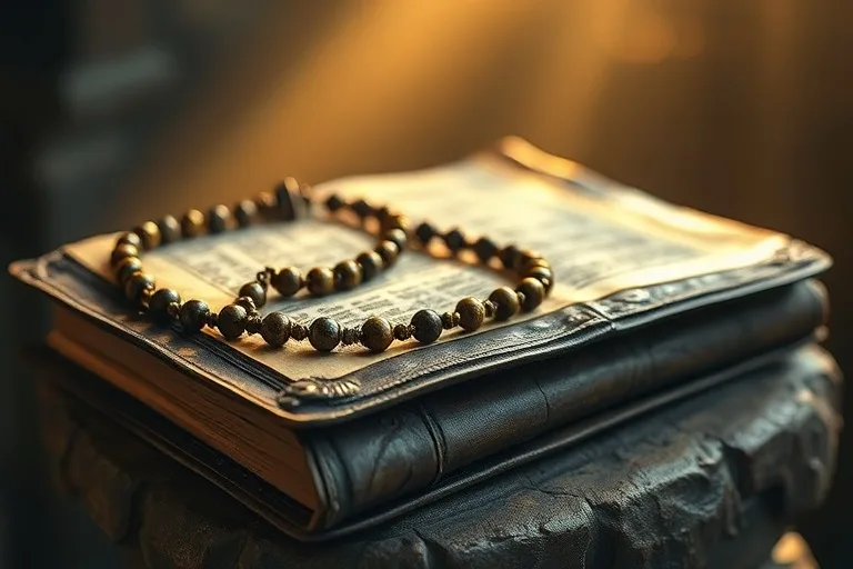 Un rosario antiguo y desgastado descansa sobre una pila de libros de cuero envejecido. Una luz etérea ilumina la escena, creando una atmósfera de sabiduría y resistencia espiritual. La imagen es un macro de primer plano.