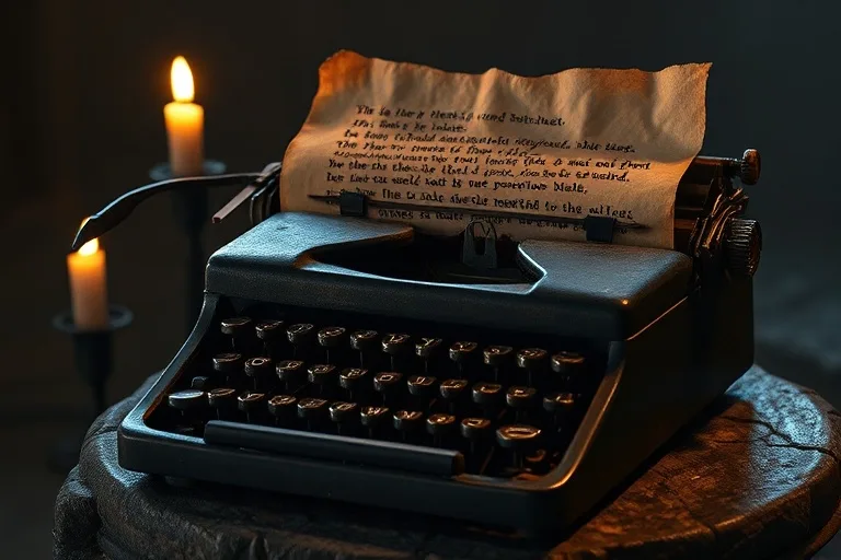 Una antigua máquina de escribir con una hoja de papel a medio terminar, iluminada por la luz tenue de una vela. La escena evoca un ambiente de reflexión, advertencias escritas y la fragilidad del conocimiento en tiempos oscuros. Macro de primer plano.