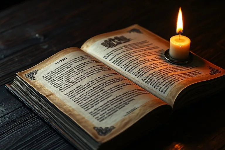 Libro antiguo de profecías con una vela encendida en una mesa de madera