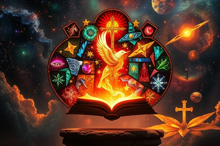 Vitral fragmentado con símbolos religiosos en un entorno cósmico