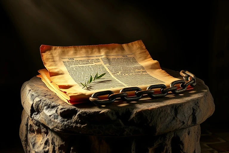 Pergamino antiguo con escritura hebrea y griega, sobre un altar de piedra con una rama de olivo y una cadena rota.