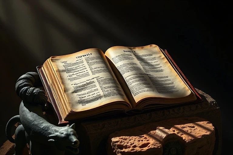Fotografía cinematográfica de naturaleza muerta, una Biblia de cuero envejecido abierta en el libro de Daniel, sobre un altar de piedra. Cerca, un antiguo y ornamentado cuerno (shofar) y una pequeña y compleja maqueta de una bestia de cuatro cabezas. Iluminación dramática de claroscuro, atmósfera polvorienta, enfoque en la textura y el detalle.
