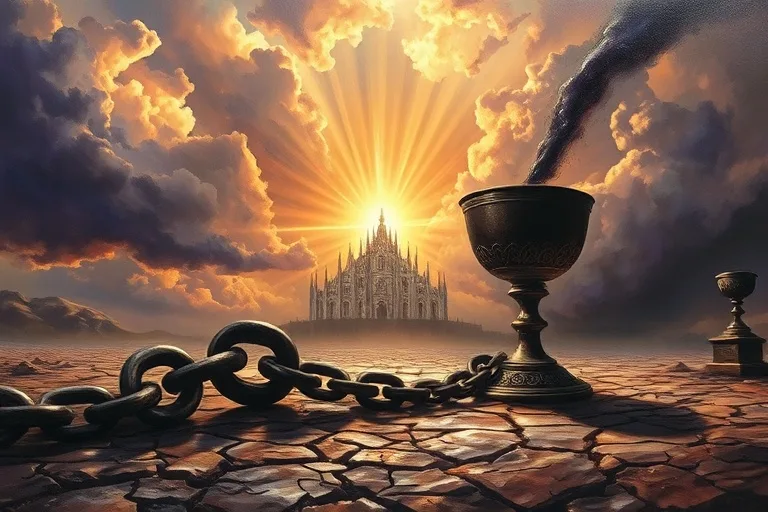 Pintura al óleo de un paisaje apocalíptico con elementos simbólicos del Apocalipsis: una cadena rota, un cáliz desbordante de líquido oscuro y una ciudad radiante y distante (Nueva Jerusalén) bajo un cielo dramático. Colores ricos y profundos, pinceladas expresivas, sensación de juicio y esperanza final.