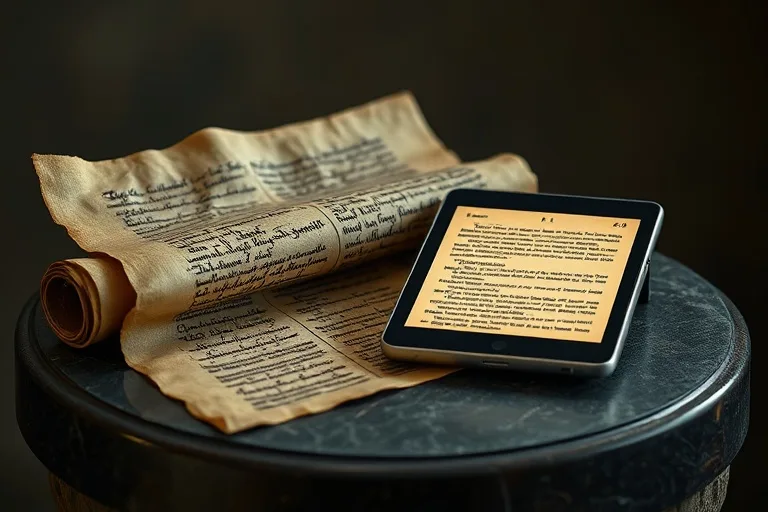 Fotografía de bodegón de un pergamino antiguo y un e-reader moderno sobre una mesa de madera, simbolizando la continuidad de la profecía a través del tiempo.