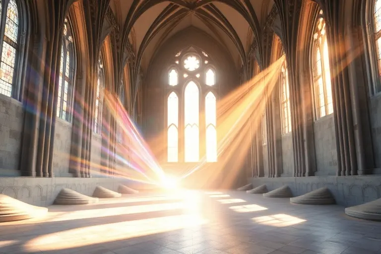 Pintura conceptual abstracta de luz iridiscente que fluye hacia un paisaje tranquilo, simbolizando la guía espiritual y la sabiduría divina.