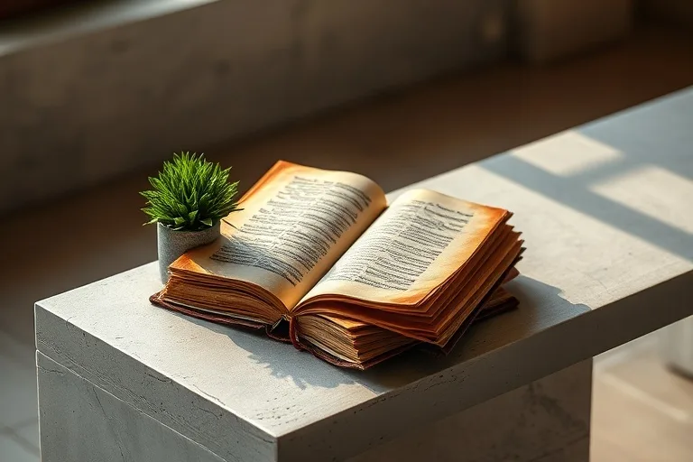 Libro antiguo abierto sobre un escritorio moderno con una planta verde, simbolizando la conexión entre la sabiduría ancestral y el futuro.