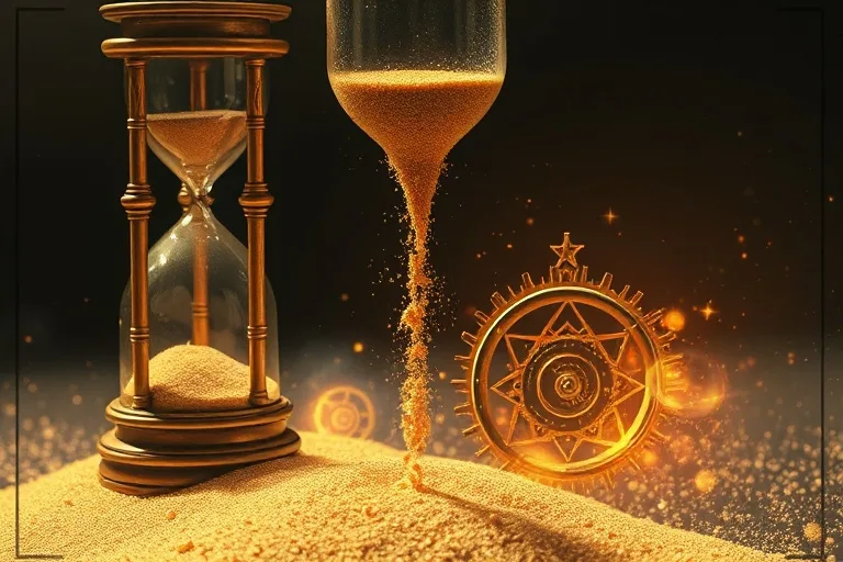 Reloj de arena roto con arena cayendo en un mecanismo cósmico, simbolizando el tiempo y el destino profético.
