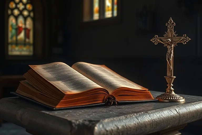 Fotografía cinematográfica de un breviario antiguo y un crucifijo de plata en una capilla