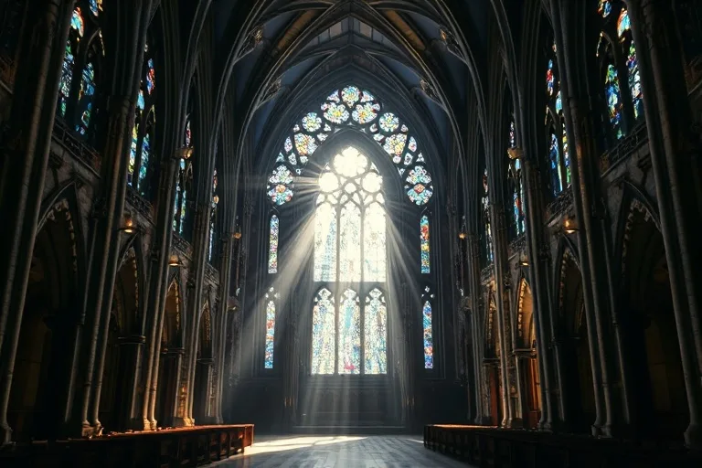 Arte conceptual de un mosaico de vitrales fragmentados formando un aura divina