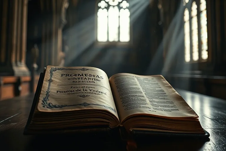 Fotografía cinematográfica de un libro antiguo y desgastado titulado 'Sins and Redemption' abierto sobre una mesa de madera rústica, con una vela parpadeante proyectando sombras largas y un rosario cercano. Ambiente oscuro y dramático.