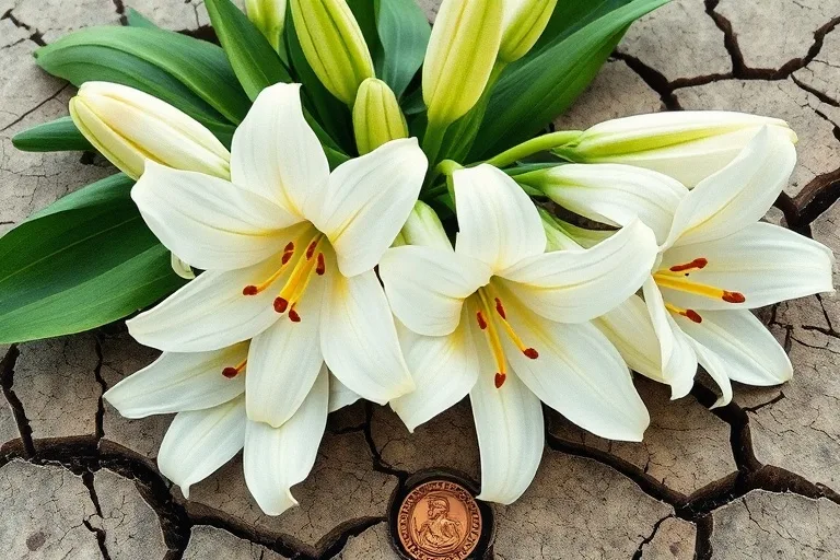 Pintura de acuarela de un ramillete de lirios blancos floreciendo de tierra agrietada, bañados en una luz celestial suave. Una pequeña Medalla Milagrosa pulida yace parcialmente oculta entre los pétalos. Atmósfera delicada, esperanzadora y serena.