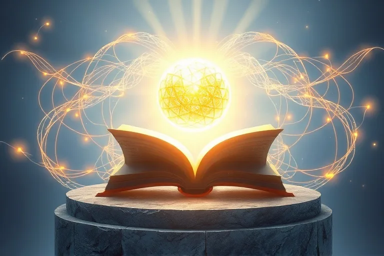 Una ilustración digital 3D abstracta de luz divina que emana de una esfera celestial, iluminando hilos conectados que simbolizan la guía espiritual y promesas entrelazadas, con suaves gradientes de azul, blanco y dorado.