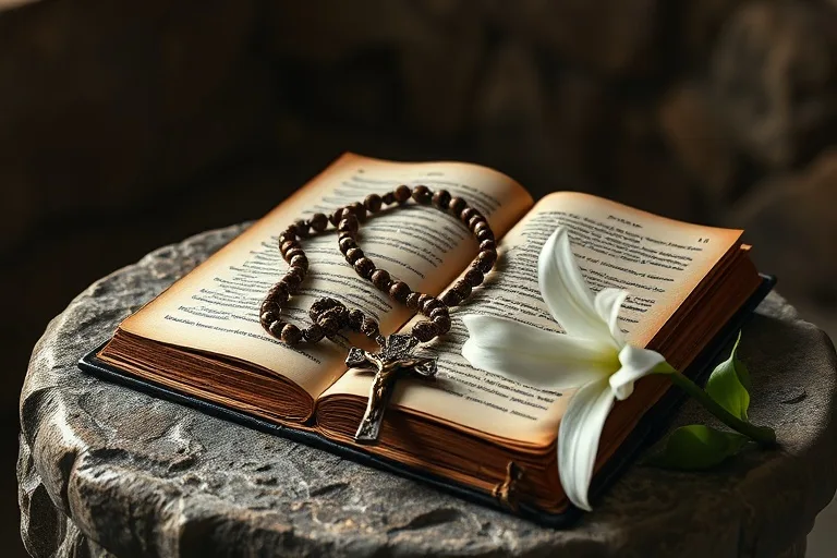 Rosario antiguo sobre un libro de oraciones de cuero, con un lirio blanco al lado, iluminación devocional.