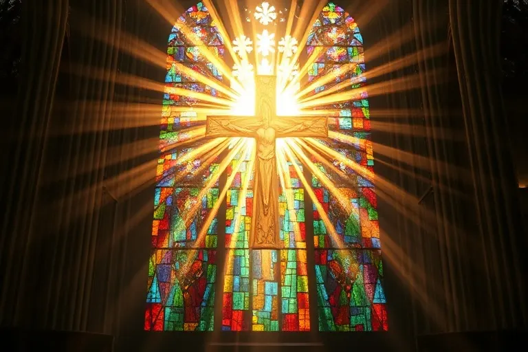 Mosaico de vidrios de colores formando una cruz radiante, con rayos de luz, simbolizando esperanza y redención.