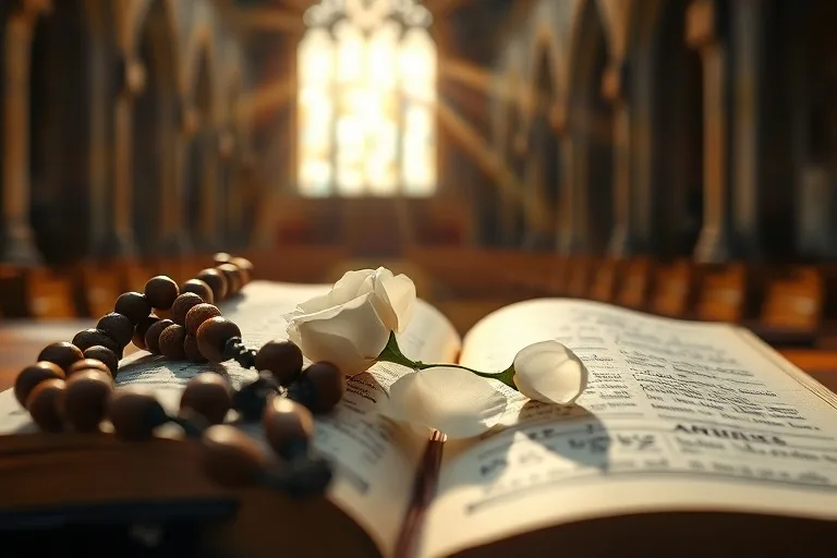 Rosario de madera antiguo y una rosa blanca sobre una Biblia familiar abierta, simbolizando la herencia espiritual y la oración.