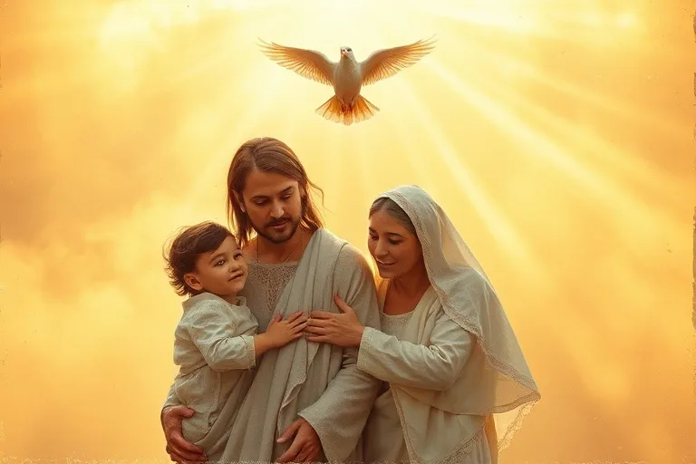 Representación de una familia unida bajo una protección divina en forma de corazón, con una paloma simbolizando el Espíritu Santo.