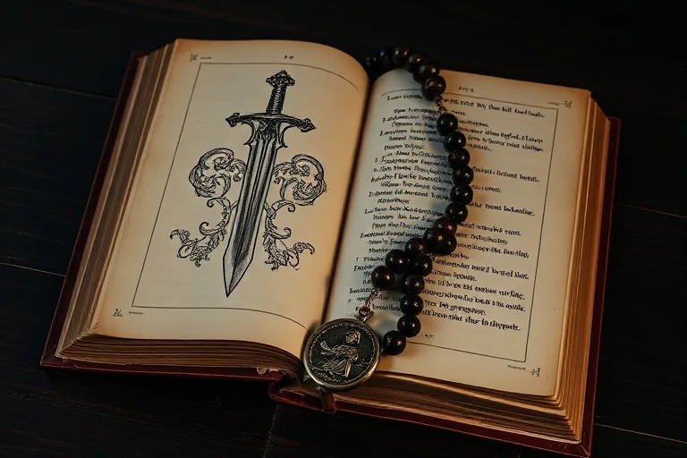 Fotografía macro de un antiguo libro de oraciones abierto con una ilustración de una espada, rodeado por un rosario y una medalla de San Benito, sobre una superficie de madera oscura con iluminación dramática.