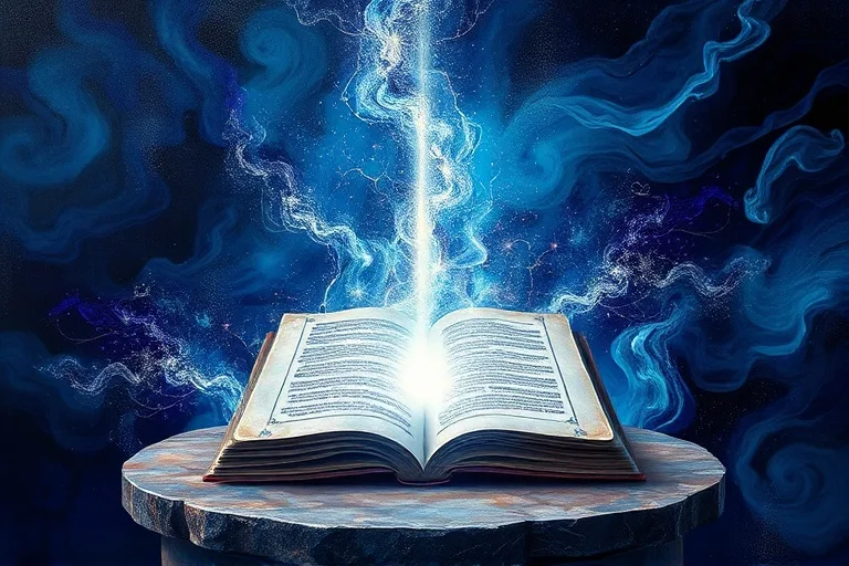 Pintura al óleo conceptual de una barrera espiritual abstracta, con remolinos de azules y púrpuras profundos, y destellos de luz plateada que la atraviesan, simbolizando la intervención y defensa divina.