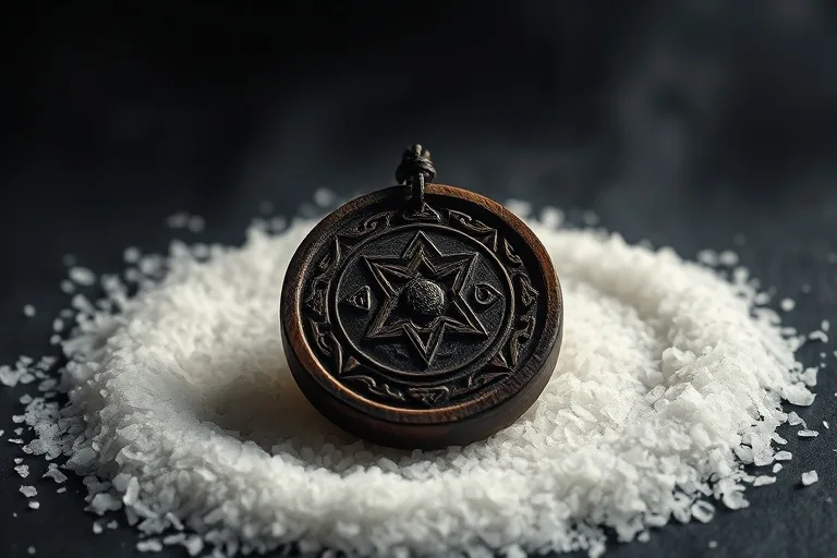 Un amuleto de protección antiguo y desgastado, hecho de madera oscura con grabados de símbolos esotéricos, reposa sobre un círculo de sal gruesa, iluminado por una luz mística y difusa.