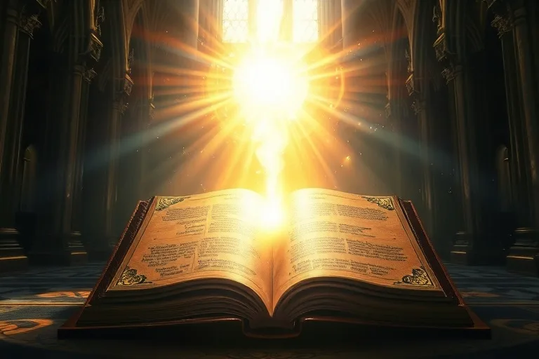 Una ilustración digital conceptual de un libro de oraciones antiguo abierto, del cual emana un escudo de luz brillante que repele tentáculos de energía oscura y abstracta. El arte es vibrante y místico, con detalles celestiales.
