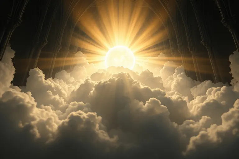 Ilustración digital 3D de una esfera luminosa ascendiendo a través de nubes translúcidas, moviéndose de una capa oscura a una luz celestial, simbolizando la purificación y ascenso del alma.