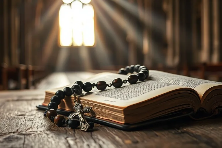 Fotografía de naturaleza muerta de un rosario antiguo y una Biblia de cuero abierta sobre una mesa rústica, iluminados por una luz suave y etérea.