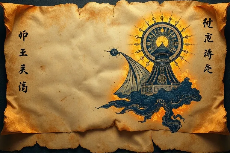 Arte conceptual de un pergamino antiguo y fragmentado, con símbolos abstractos de la presencia divina y arquitectura celestial, iluminado por patrones dorados y azules que sugieren sabiduría antigua.