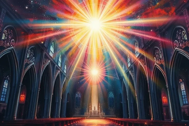 Pintura al óleo abstracta que representa el orden cósmico con formas geométricas entrelazadas y colores vibrantes, sugiriendo armonía celestial y sutil polvo estelar.