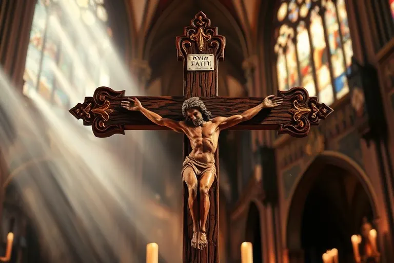 Crucifijo de madera tallado a mano en interior de iglesia