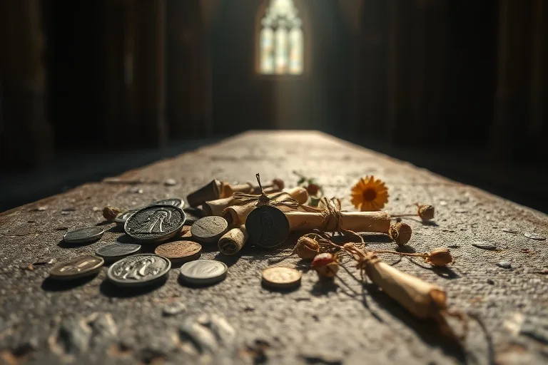 Tokens de peregrinación en altar de piedra