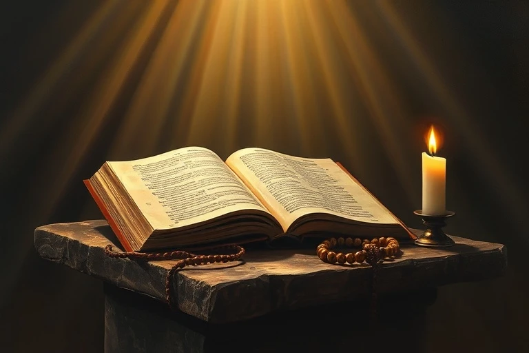 Pintura al óleo de una antigua Biblia abierta sobre un atril de madera rústica, con rayos de luz divina que la iluminan. A su lado, un rosario de cuentas de madera y una vela encendida, creando una atmósfera de profunda meditación y estudio espiritual.