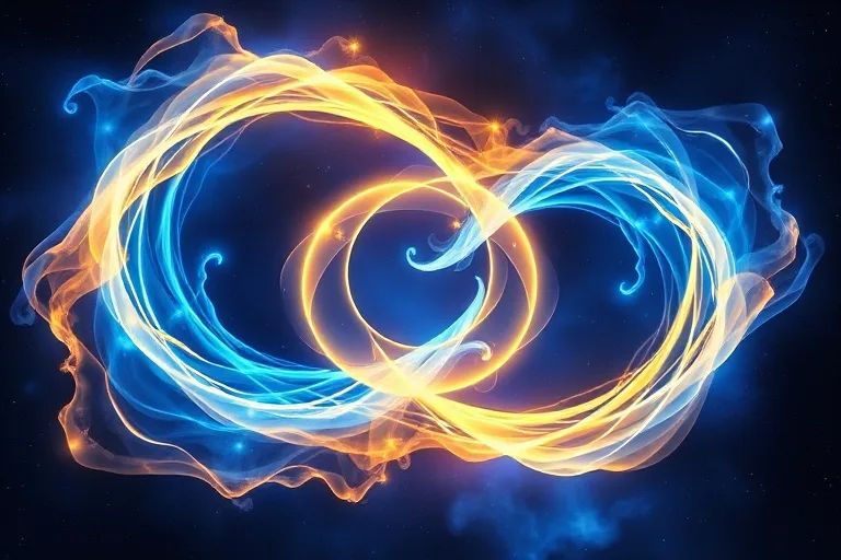 Arte conceptual abstracto que representa la Santísima Trinidad. Tres formas etéreas y luminosas entrelazadas en una danza cósmica, con colores azul, dorado y blanco que se fusionan, simbolizando la unidad y diversidad divina. Sin figuras humanas, solo luz y forma.