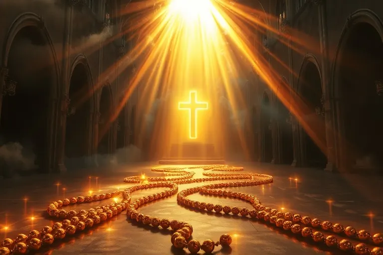 Ilustración 3D de luz rompiendo nubes oscuras, iluminando un camino de cuentas de rosario hacia una cruz radiante.