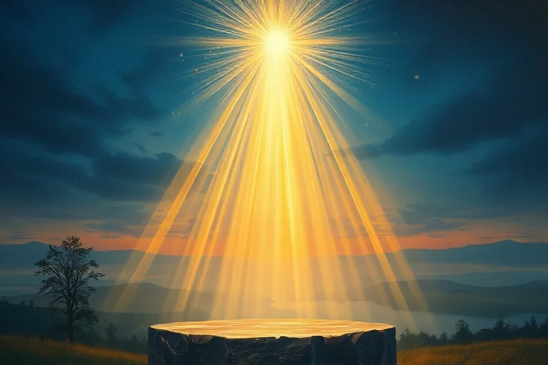 Una pintura al óleo conceptual que muestra corrientes protectoras de luz azul y dorada emanando de una forma sutil que sugiere un rosario, envolviendo un paisaje sereno debajo.