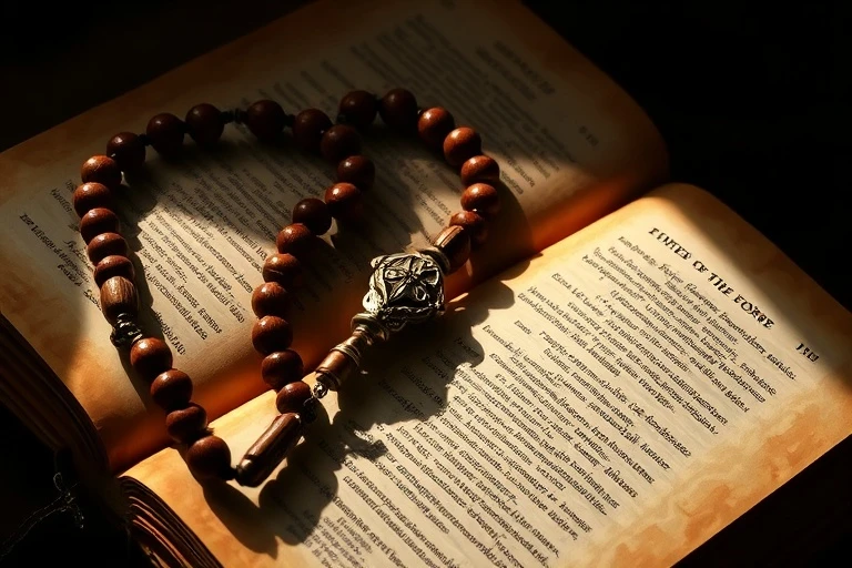 Rosario antiguo sobre una Biblia abierta, símbolo de fe