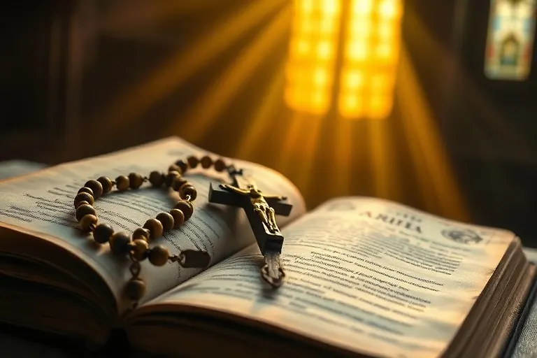 Fotografía de bodegón cinematográfico de un rosario antiguo con un crucifijo sobre un libro de oraciones abierto, iluminado por luz dorada a través de un vitral.