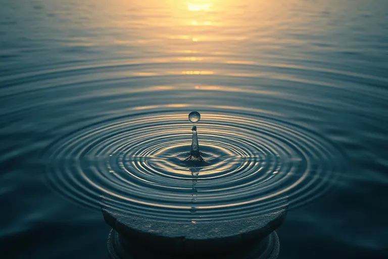Arte conceptual de una gota de agua cayendo en un vasto océano, creando ondas infinitas, bañada en luz serena, simbolizando la misericordia ilimitada.