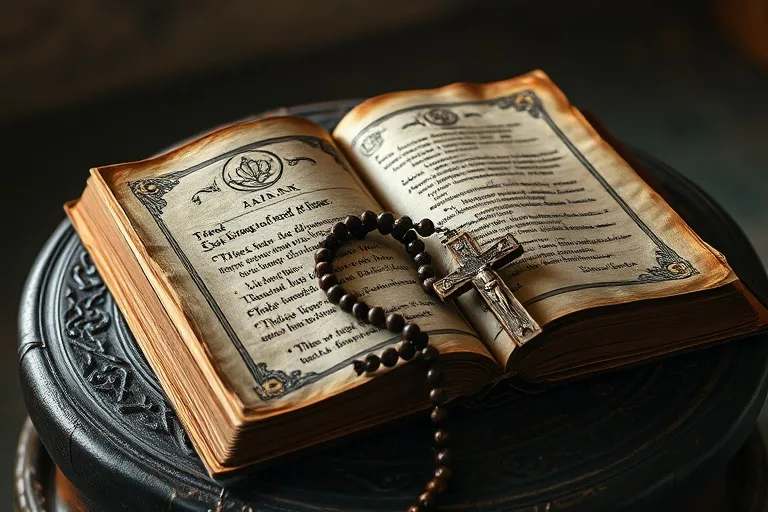 Libro de oraciones antiguo con símbolos marianos