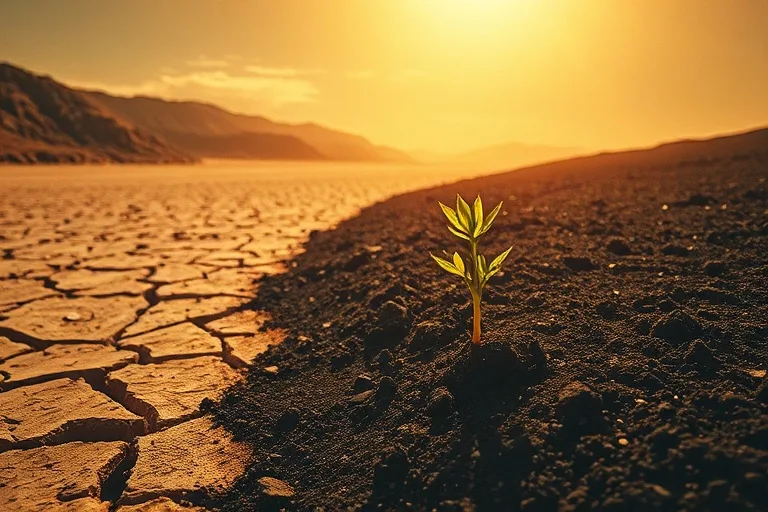 Paisaje desértico resquebrajado que se transforma en tierra fértil con una planta brotando, bajo una luz dorada, simbolizando renacimiento espiritual.