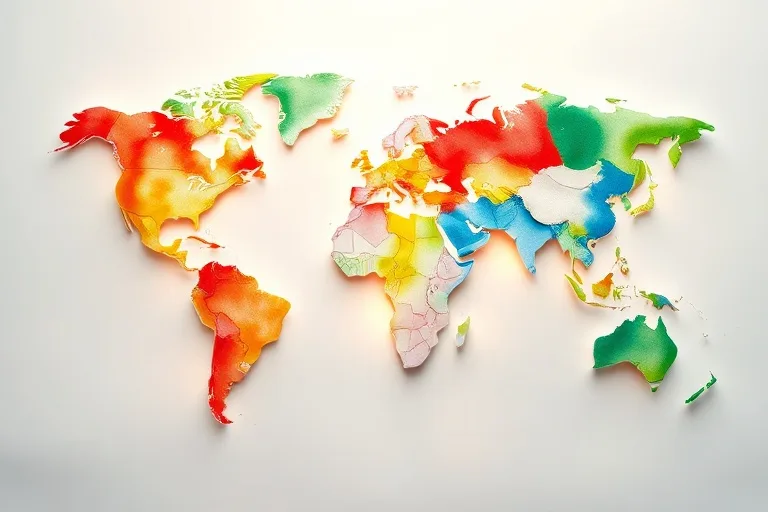 Ilustración acuarela de un mapa mundial estilizado con continentes en tonos verde, rojo, blanco, azul y amarillo, conectados por líneas de luz, simbolizando la conexión espiritual y la evangelización global.