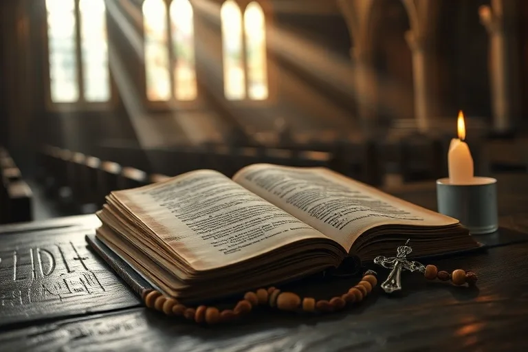 Fotografía de bodegón de un antiguo libro de oraciones y un rosario sobre una mesa de madera con luz de vela.