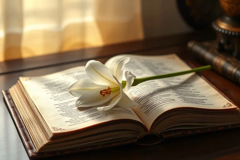 Pintura al óleo de un libro de oración antiguo abierto con un lirio, simbolizando la paz y la contemplación espiritual