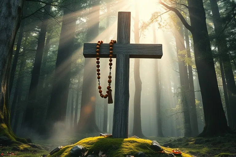 Fotografía cinematográfica de una cruz de madera con un rosario tejido en un bosque, evocando fe y santidad