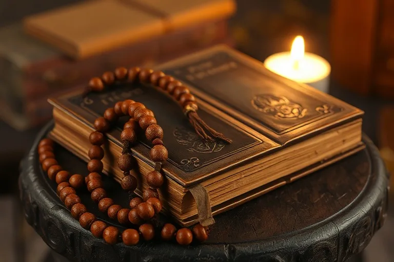 Fotografía de bodegón de un rosario antiguo de madera y un libro de oraciones de cuero sobre una mesa rústica, iluminado por la luz de una vela.