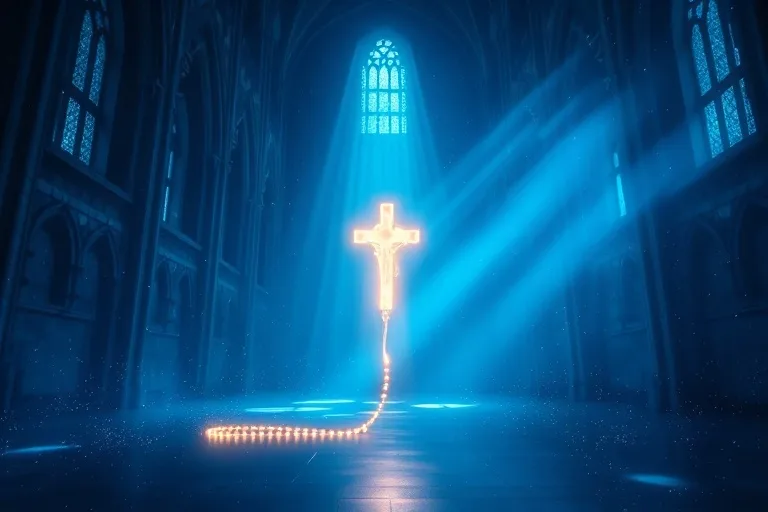 Arte conceptual de una cuenta de rosario luminosa flotando en una atmósfera etérea azul, simbolizando la paz y la contemplación divina.