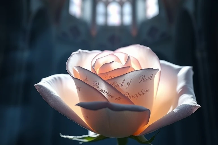 Ilustración digital 3D de una rosa con pétalos grabados con palabras como 'Fe', 'Paz', 'Gracia', 'Esperanza', simbolizando los frutos espirituales de la devoción.
