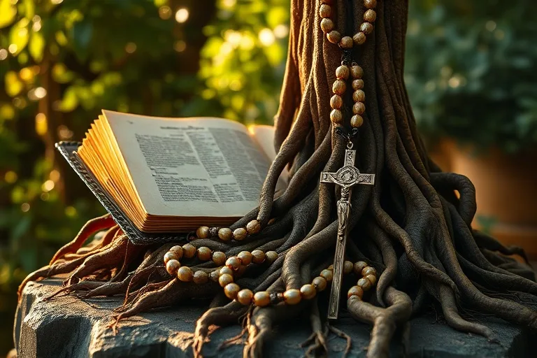 Rosario entrelazado con raíces de árbol vibrante, simbolizando crecimiento espiritual y resiliencia