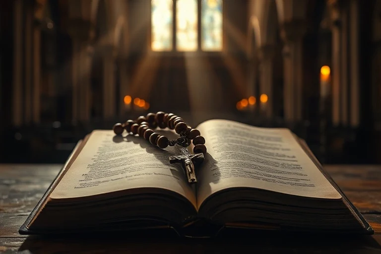 Fotografía cinematográfica de un rosario antiguo sobre una Biblia familiar a la luz de las velas, simbolizando fe y legado.