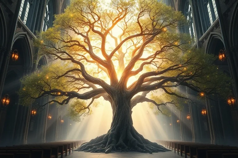 Arte conceptual de un árbol estilizado con raíces profundas y ramas que alcanzan una luz celestial, con orbes brillantes que representan oraciones.
