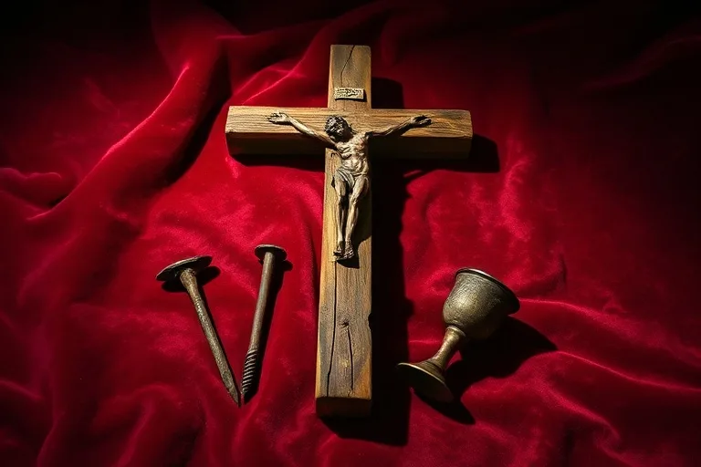 Crucifijo antiguo de madera sobre terciopelo, rodeado de tres clavos oxidados y un pequeño cáliz envejecido. Iluminación dramática, texturas ricas, atmósfera histórica.